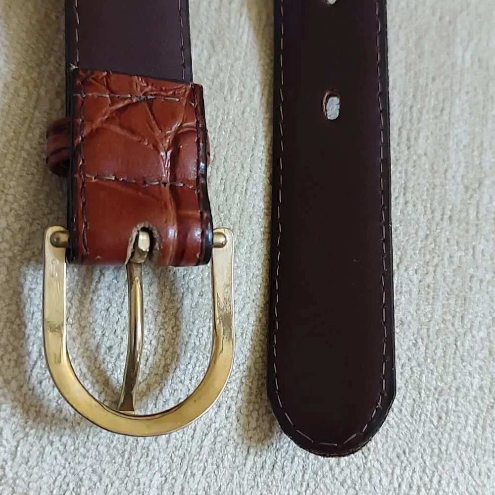 Gator Cowhide Brown Leather Belt Gold Buckle Size 32