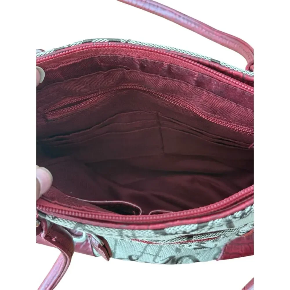 Y2K Script Print Canvas Shoulder Bag Red Croc Trim Mini Tote Sag Harbor