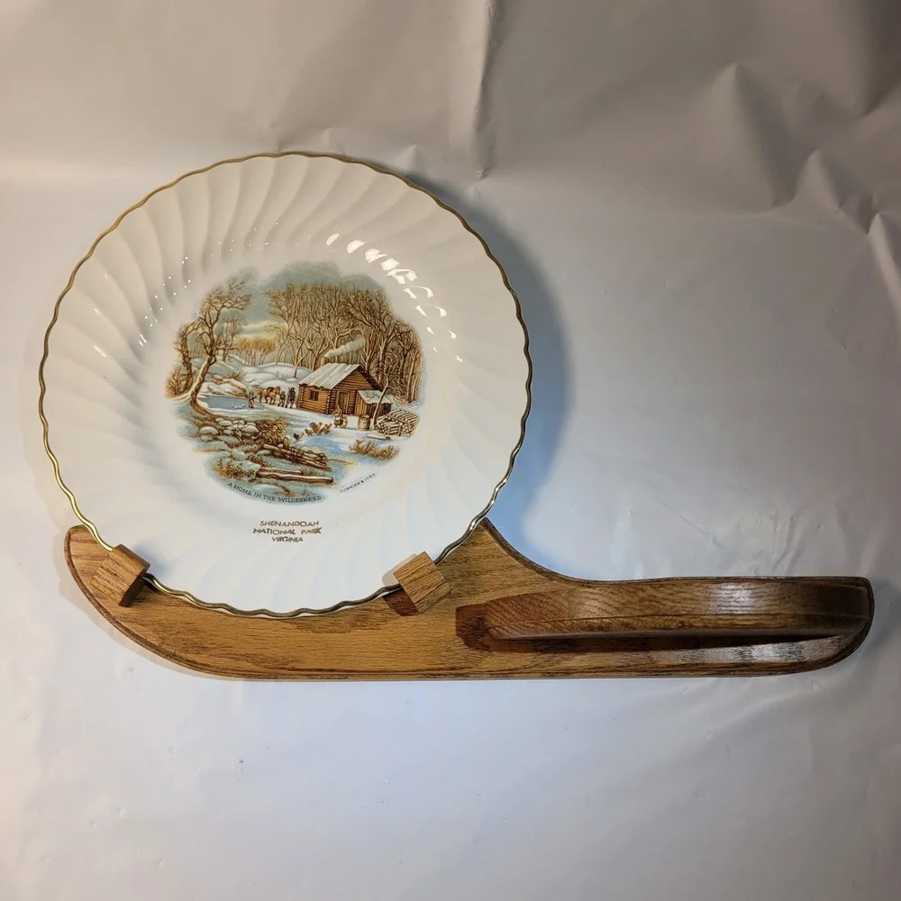 Northshore Wood Products Plate Holder Wall Shelf Oak with Currier & Ives Plate