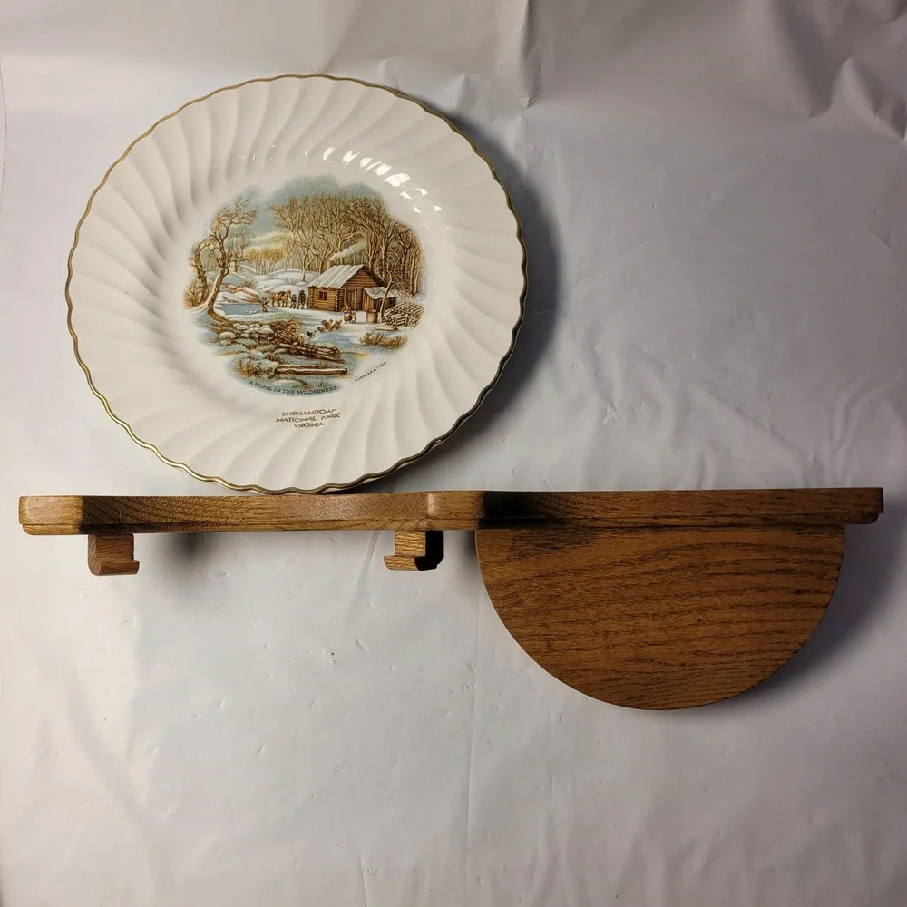 Northshore Wood Products Plate Holder Wall Shelf Oak with Currier & Ives Plate