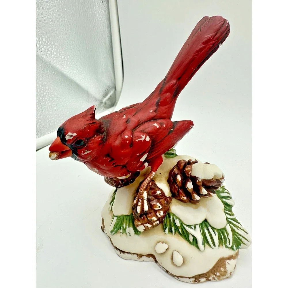 Classic Treasures Porcelain Red Cardinal Bird Figurine Winter Snow Pine Cone 5