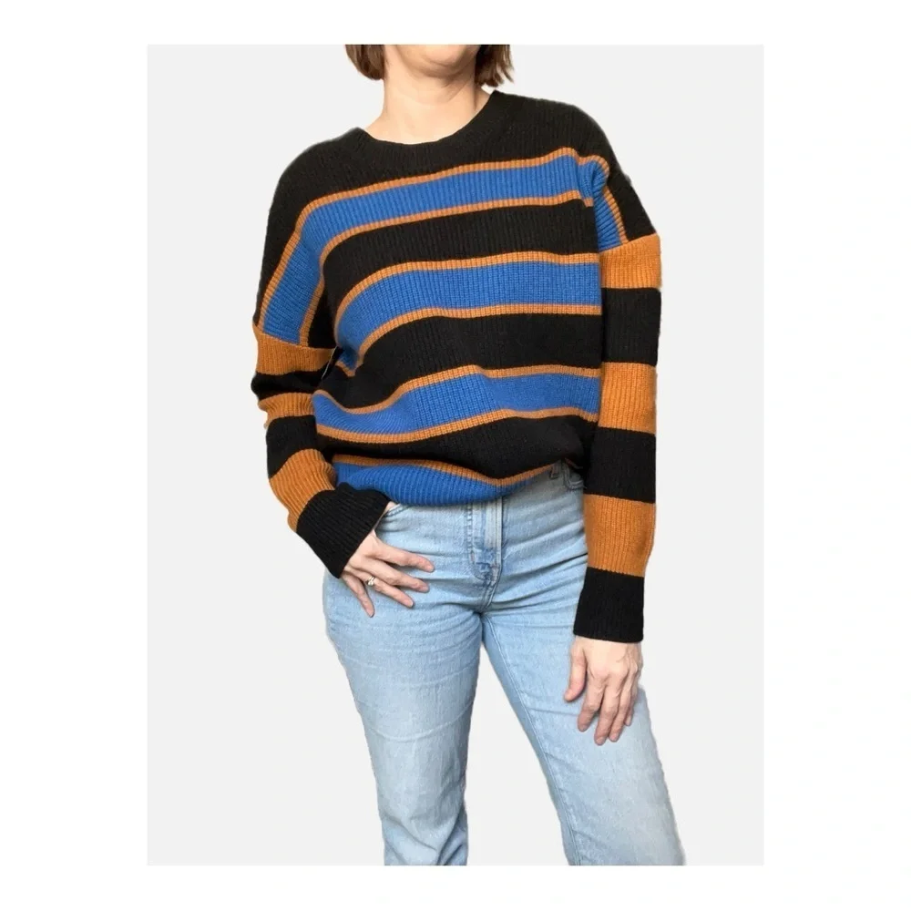 ALC Striped Oversized Wool Cashmere Crewneck Sweater Black Blue Medium