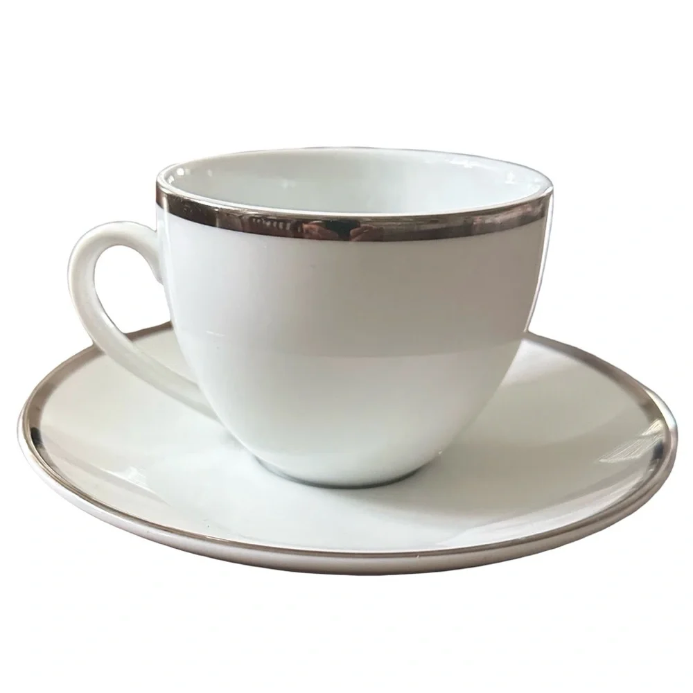 Williams Sonoma Brassiere White Porcelain Platinum Trim Cup & Saucer