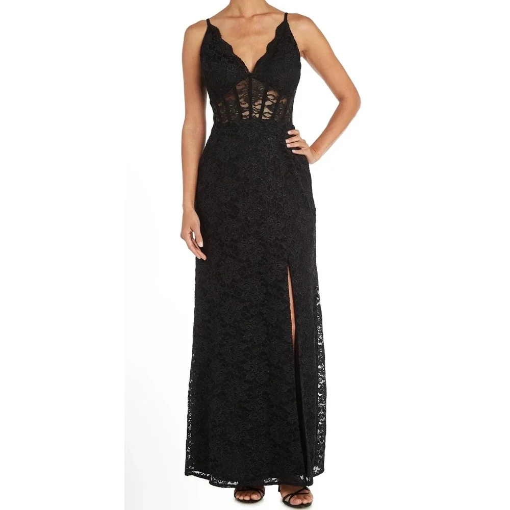 Lace Black Maxi Dress Formal Party Evening‎ Sleeveless Sexy Gown Junior Size 13