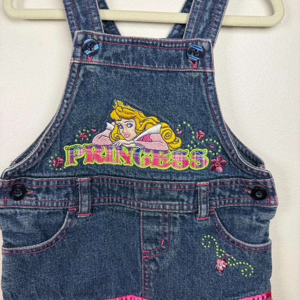 Y2K Disney Princess Denim Overall Dress Embroidered Kid’s Size 2T Plaid Retro