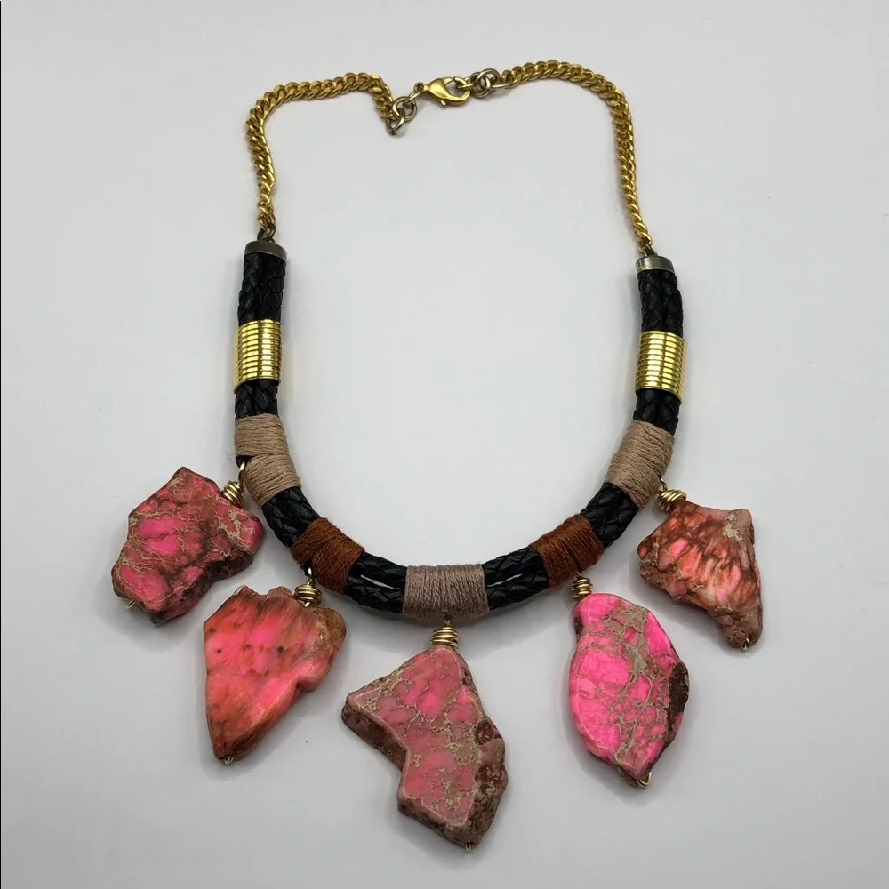Handmade upcycled pink jasper stone statement style necklace boho festival.