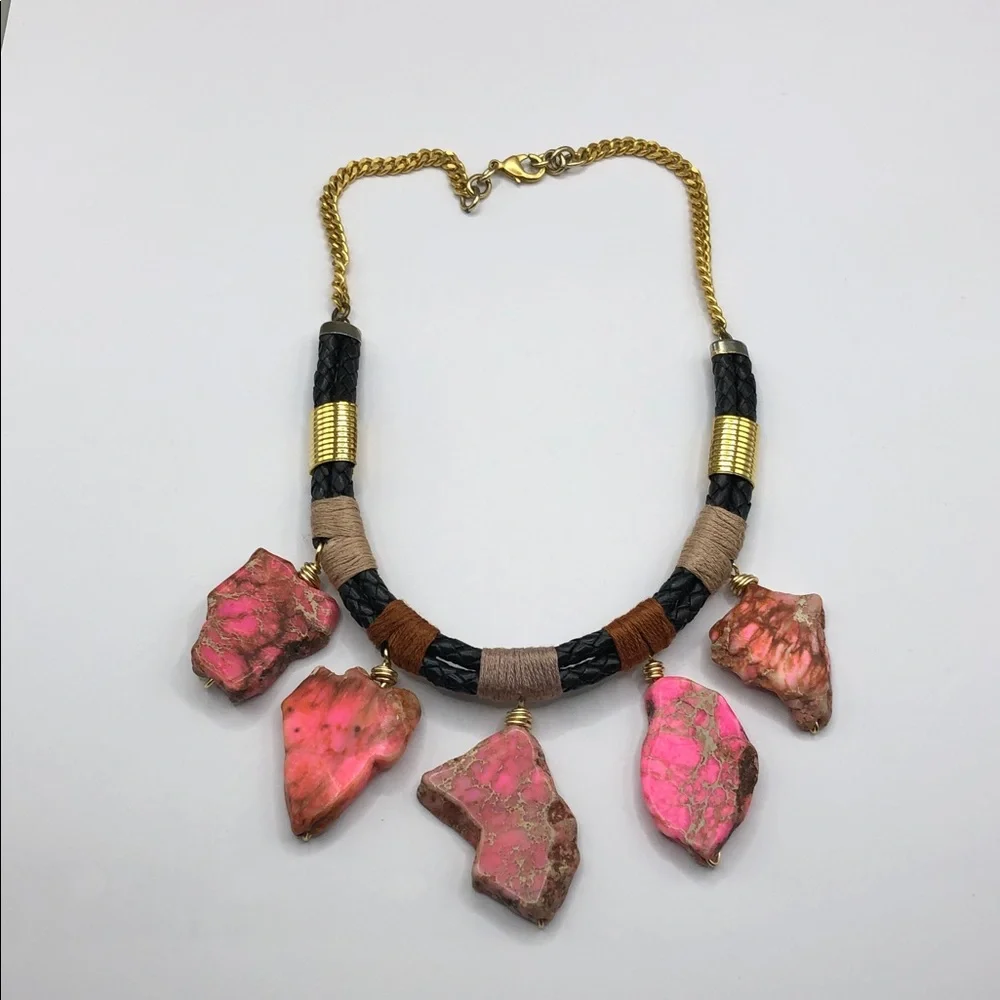Handmade upcycled pink jasper stone statement style necklace boho festival.