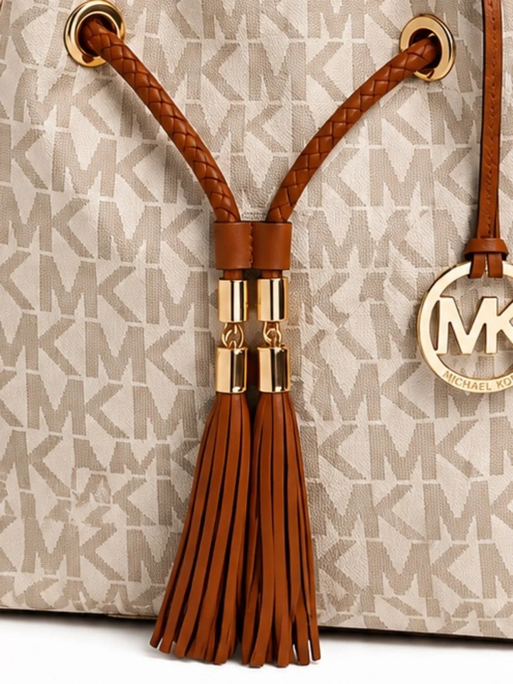 Michael Kors Jet Set Signature Drawstring Tote Bag Vanilla Brown Shoulder Purse