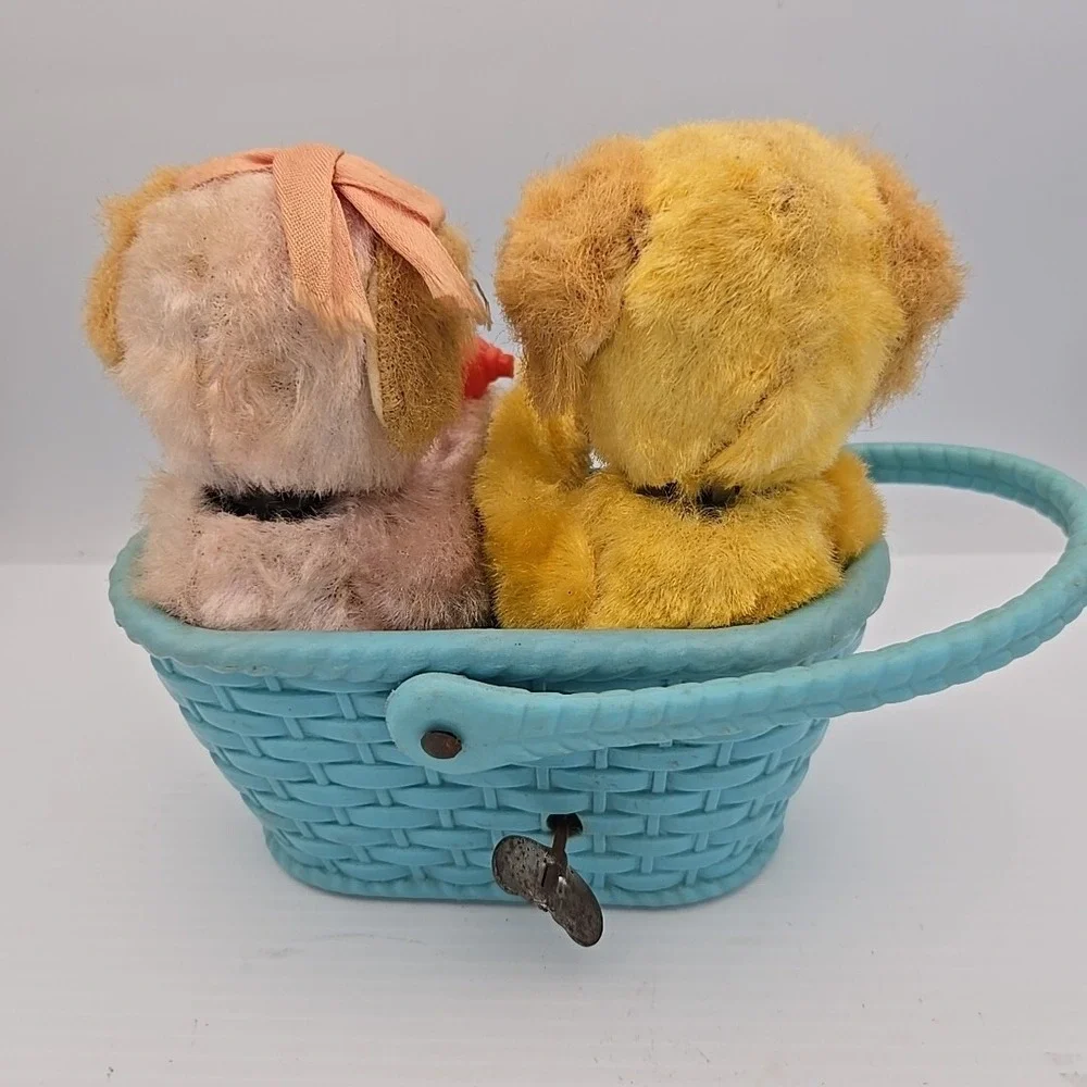Japanese Wind Up Little Puppy Dogs‎ Kissing / Eating Blue Basket 1960s Toy VTG
