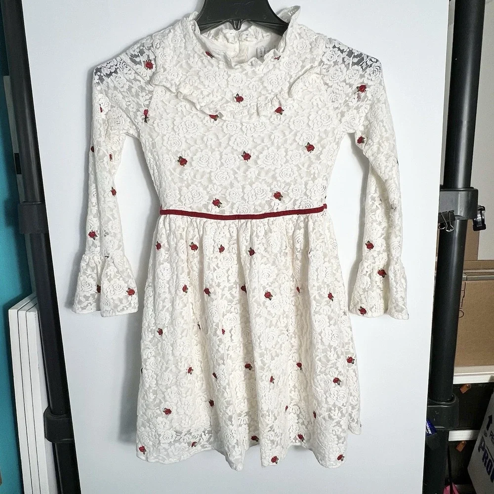Janie and Jack Girls Ivory Victorian Lace‎ Embroidered Roses LD Dress Size 12