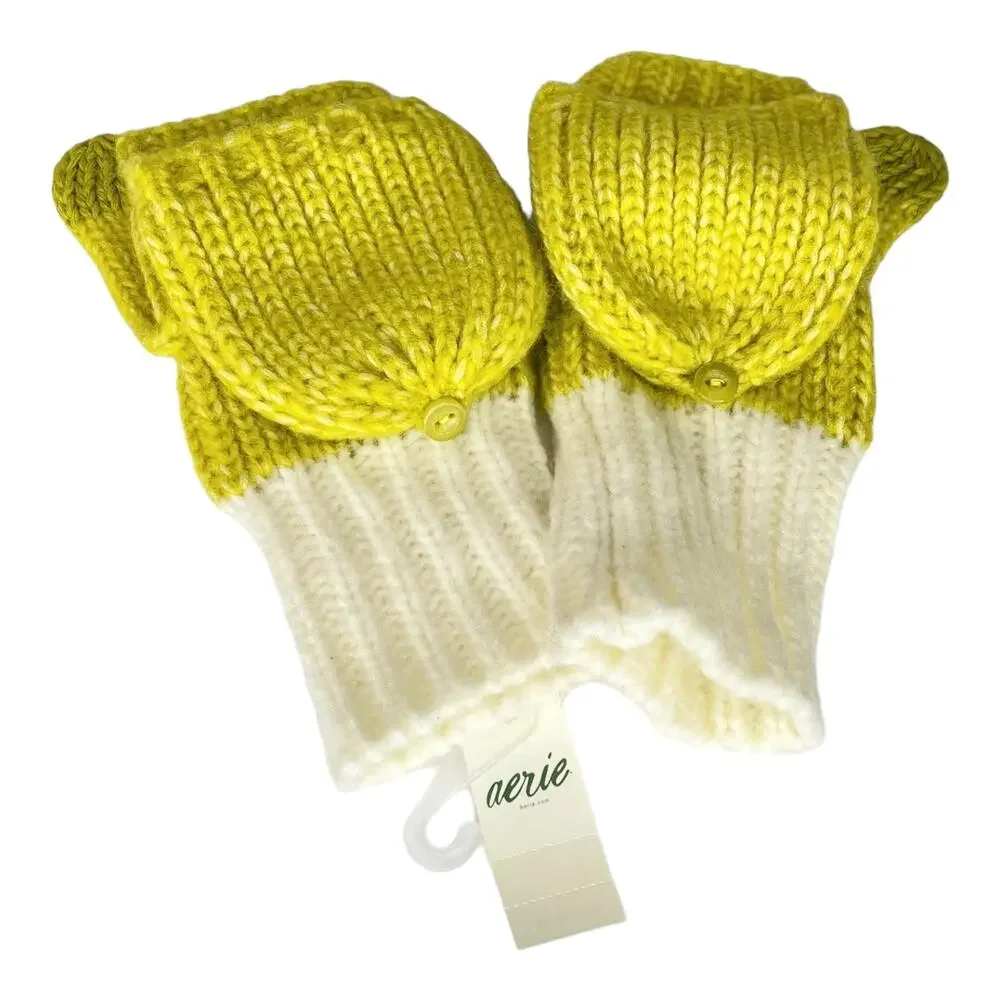 Aerie Gloves Mittens Convertible Flip Top Fingerless Green Cream Knit One Size