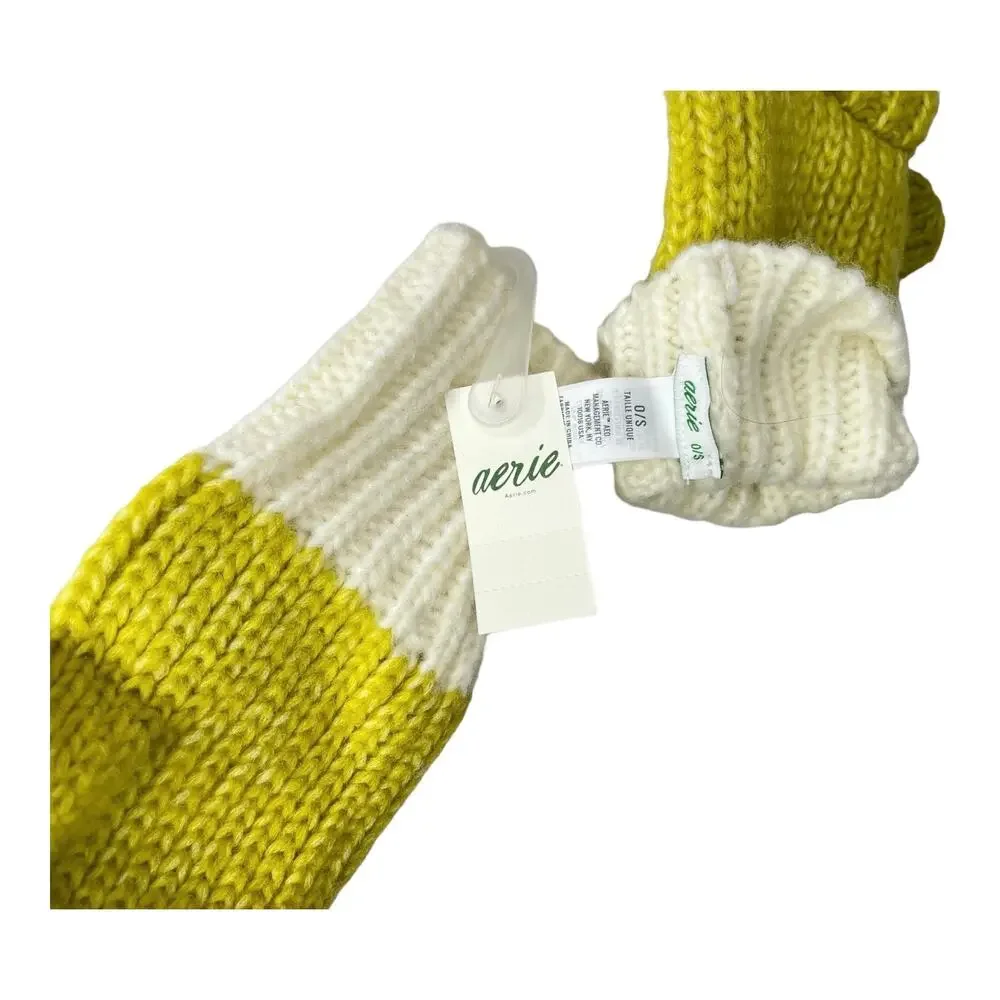 Aerie Gloves Mittens Convertible Flip Top Fingerless Green Cream Knit One Size