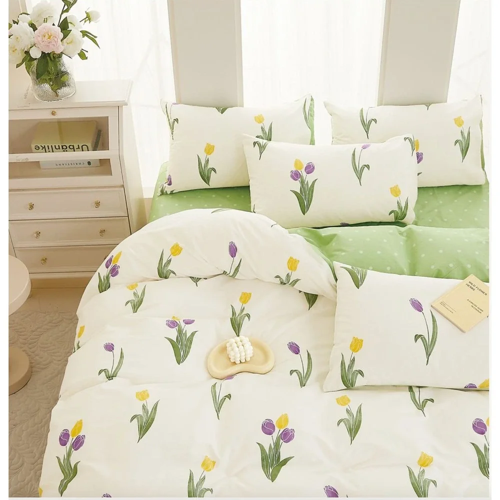 Amy Tulip Farmhouse White Purple 100% Cotton Reversible Comforter Set Queen‎