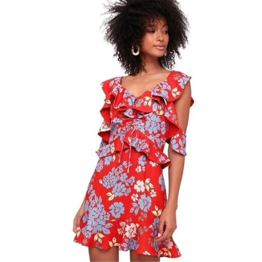 C/MEO Collective Red Floral Ruffle Cold‎ Shoulder Mini Dress Womens Medium NWT