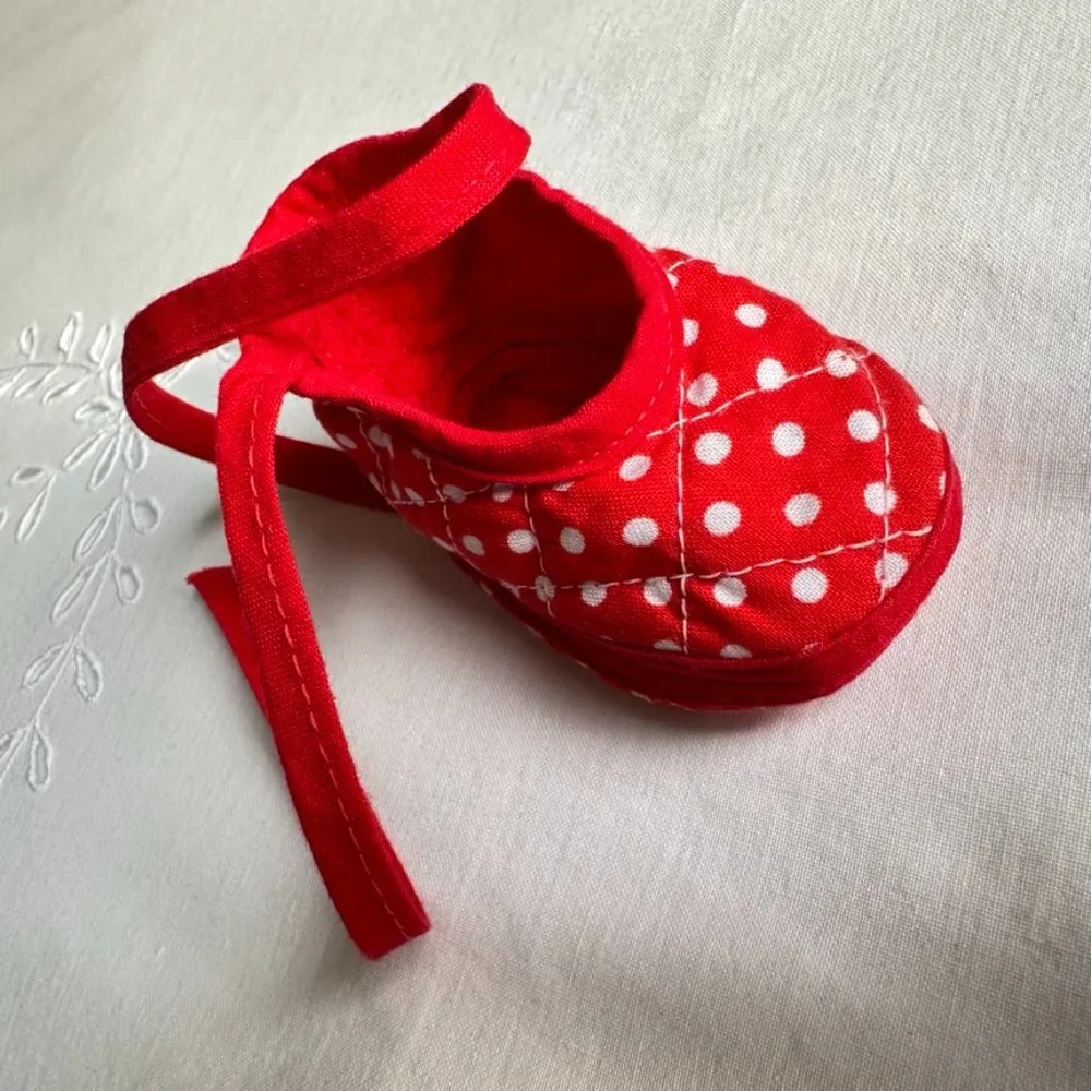 Baby Booties Cloth Shoes Red with White Polka Dots Ties Quilted Handmade