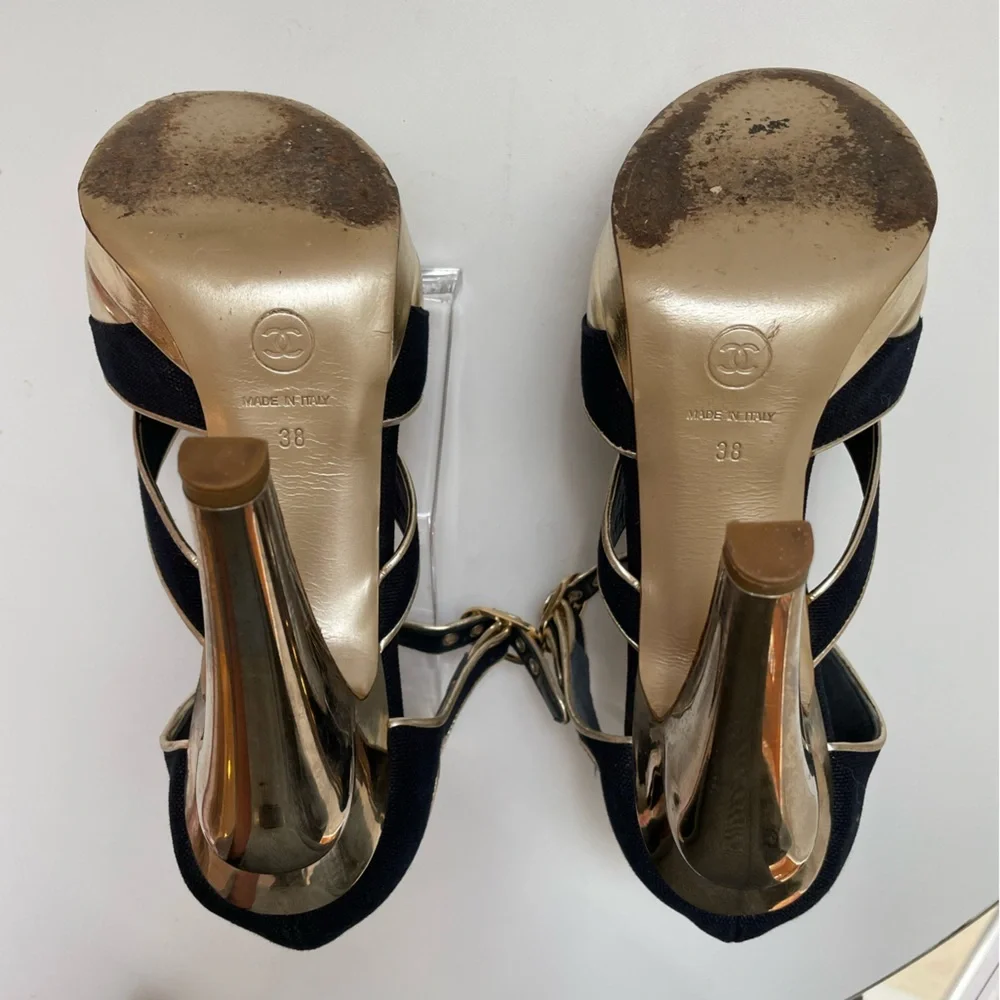 Chanel Gold Leather & Navy Peep-Toe Heels Size 7.5