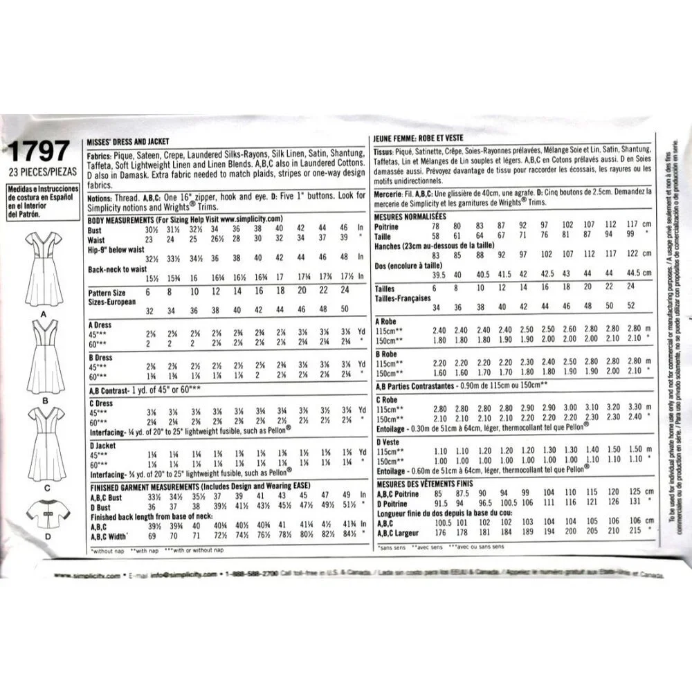 Simplicity Sewing Pattern 1797 Dress Jacket Misses Size 6-14