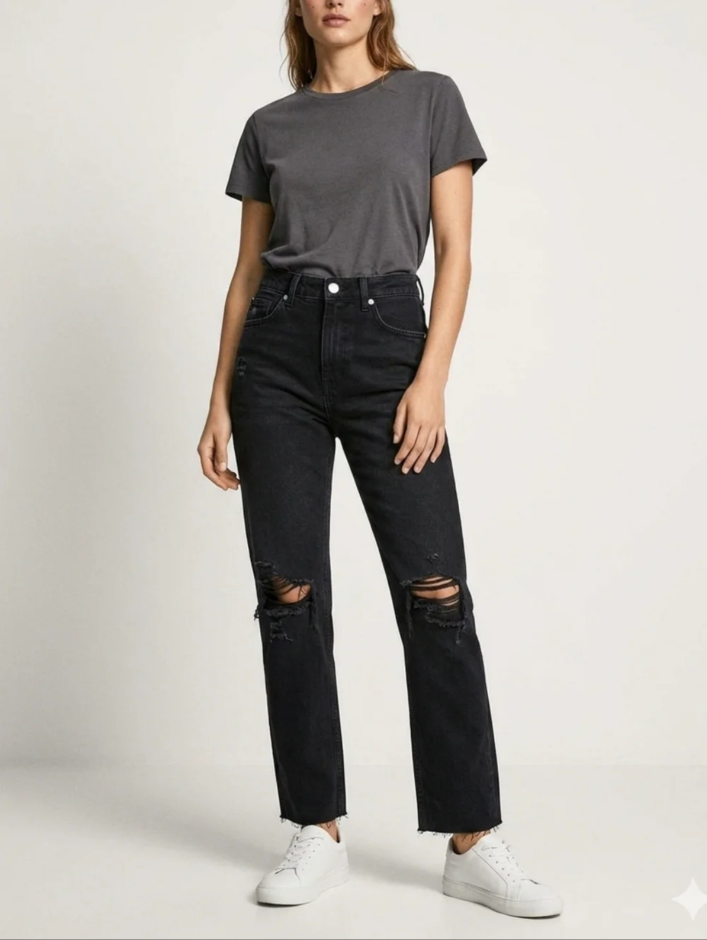 Zara Straight Leg Black Distressed Jeans Size 8 New #184
