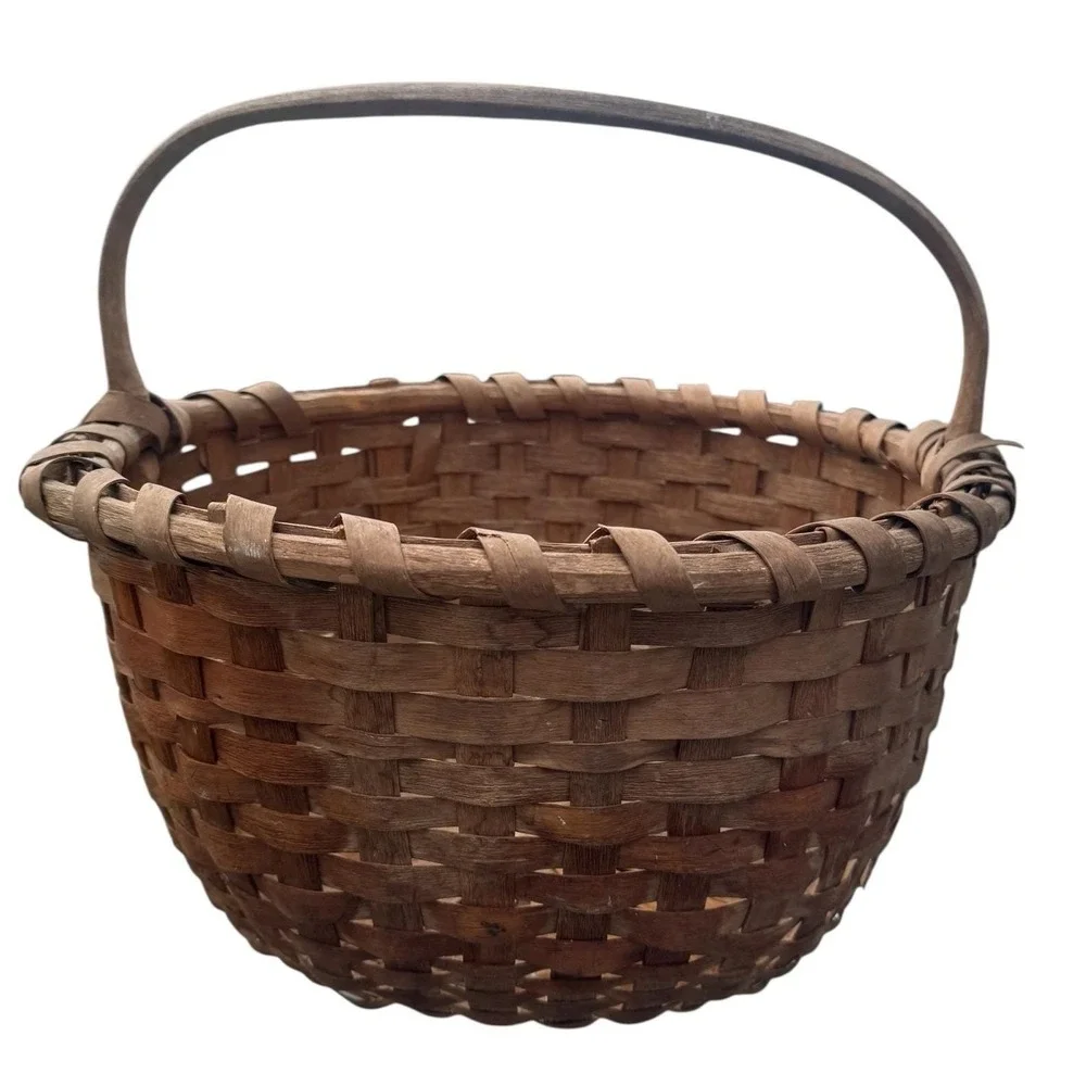 Vintage‎ Primitive Hand Woven Splint Wood Gathering Basket Fixed Handle Brown