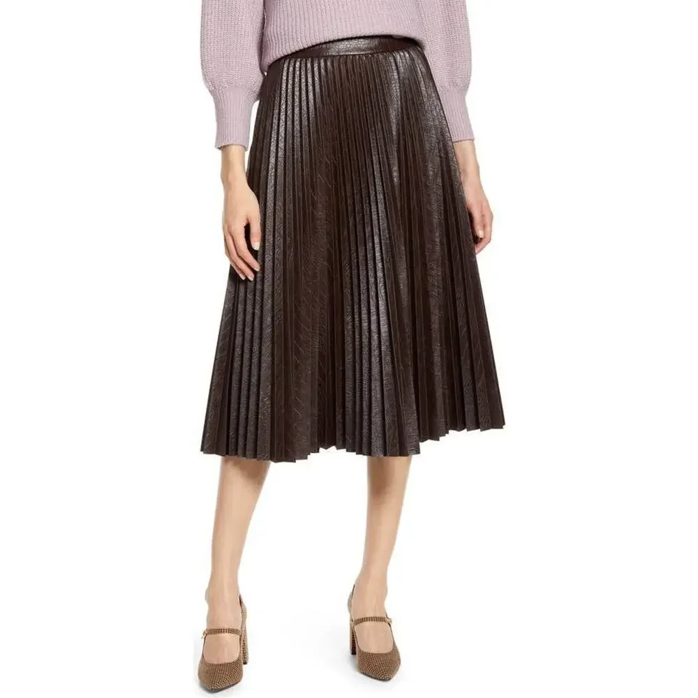 Halogen x Atlantic-Pacific Chocolate Brown Pleated Croc Faux Leather Midi Skirt