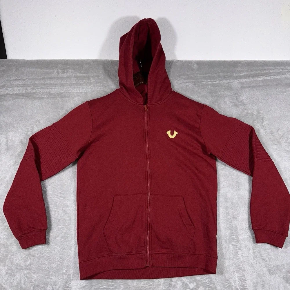 True Religion Hoodie Mens Large Maroon Full Zip Logo‎ Brand Jeans Sweatshirt