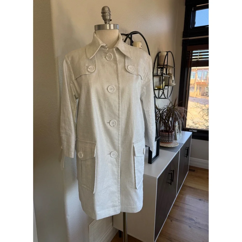 Peter Nygard Women's Size 16 Linen‎ Blend White Button Front Trench Coat Jacket