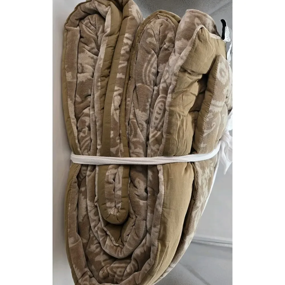 Nicole Miller Velvet Paisley QUEEN Quilt Hand Stitched Beige Brown NEW COTTAGE