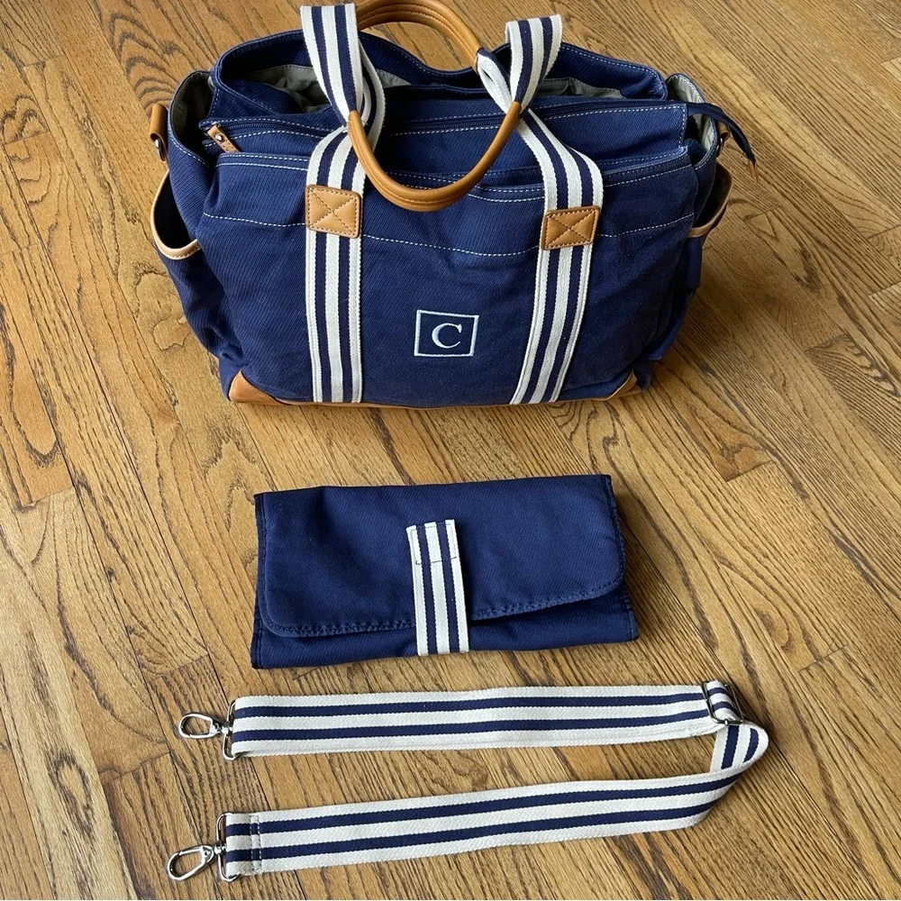 Pottery Barn Classic Diaper Bag with Leather Handles and Trim Monogram C Navy