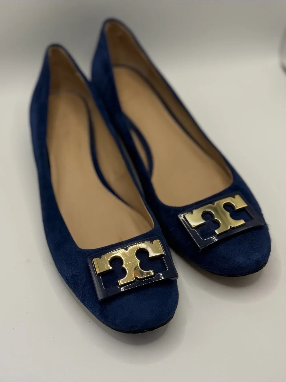 Tory Burch “Gigi” Navy Suede Pumps with Block Heel and Gold T Logo at the Toe