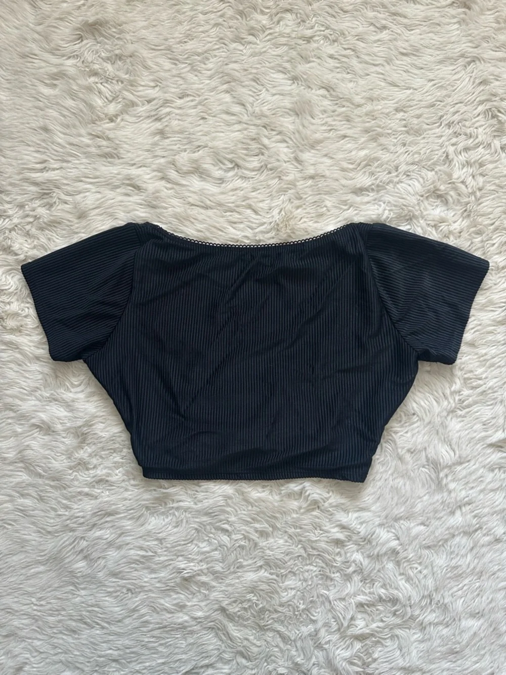 Frankie’s Bikinis Swimsuit Nicolette Ribbed Bikini Top Lace Trim Bow Black Sz M