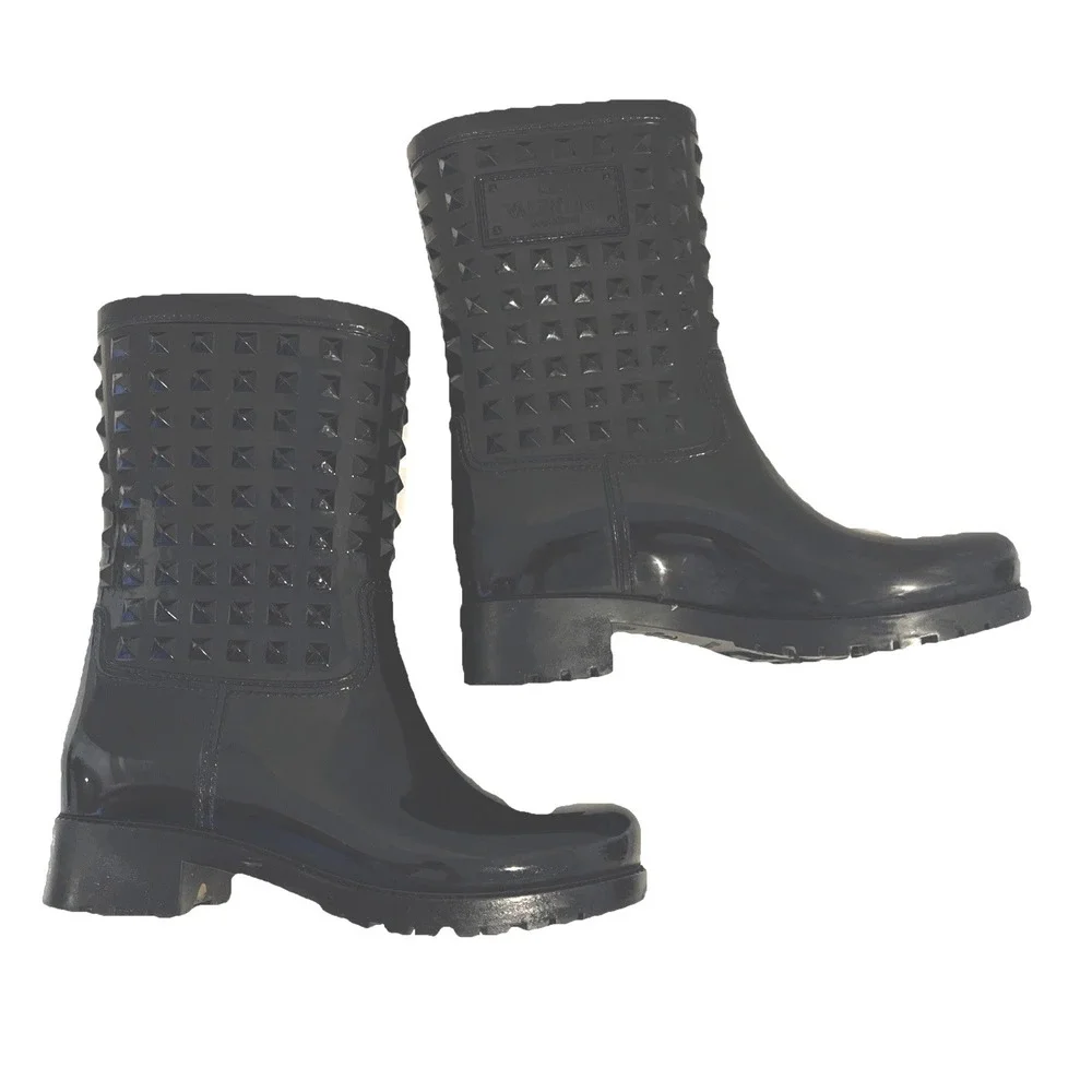 Valentino Rockstud Rubber Rain Boots Black EU 37 | Sz 6.5-7 Mid Calf Waterproof