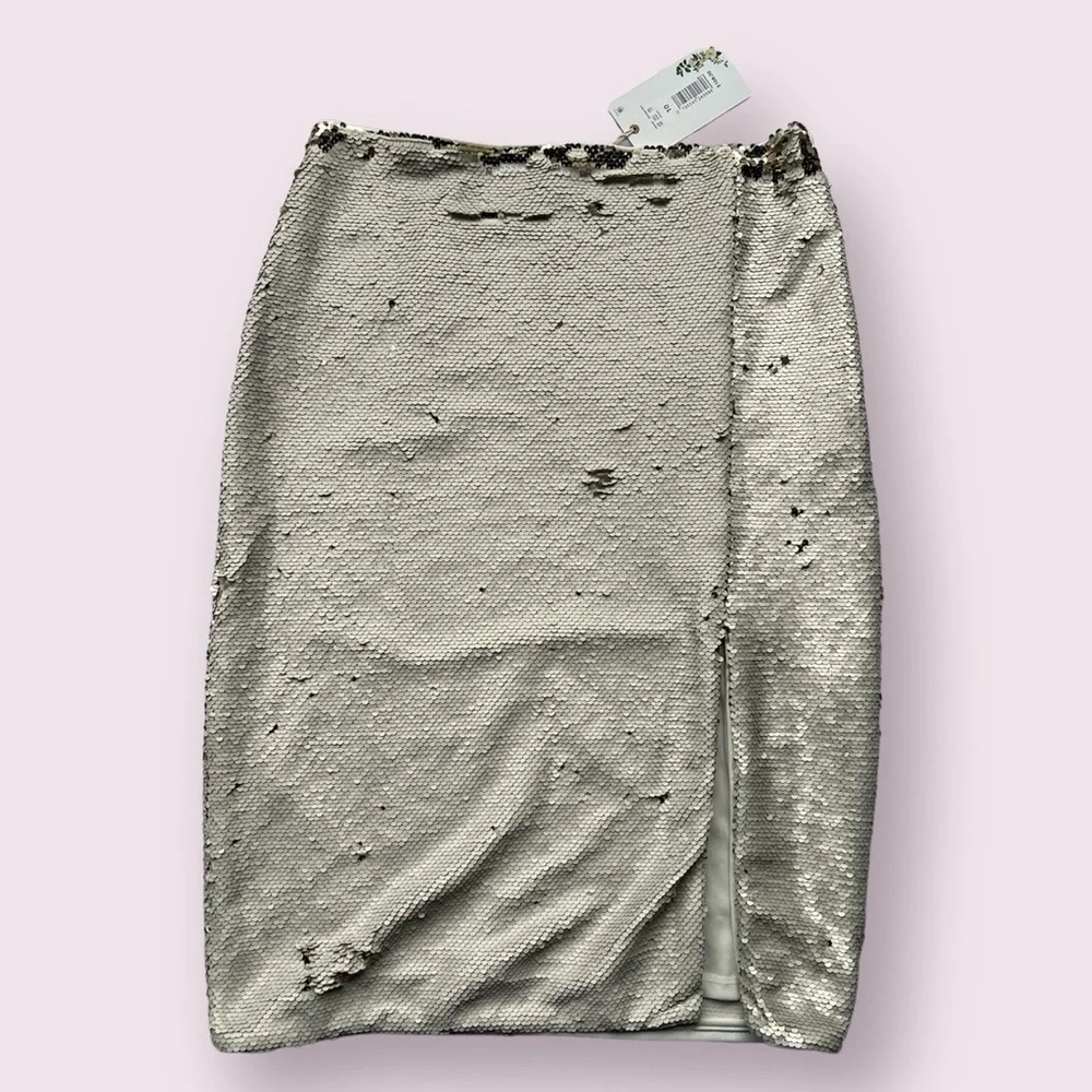 Chelsea & Violet Cream and Gold Flip Sequin Midi Skirt 10