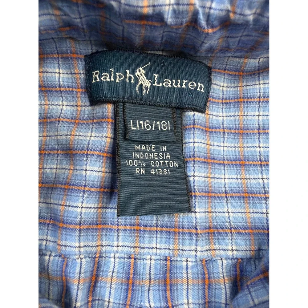 Ralph Lauren Boys Blue Orange Plaid Short Sleeve Button Down Shirt Size L 16/18