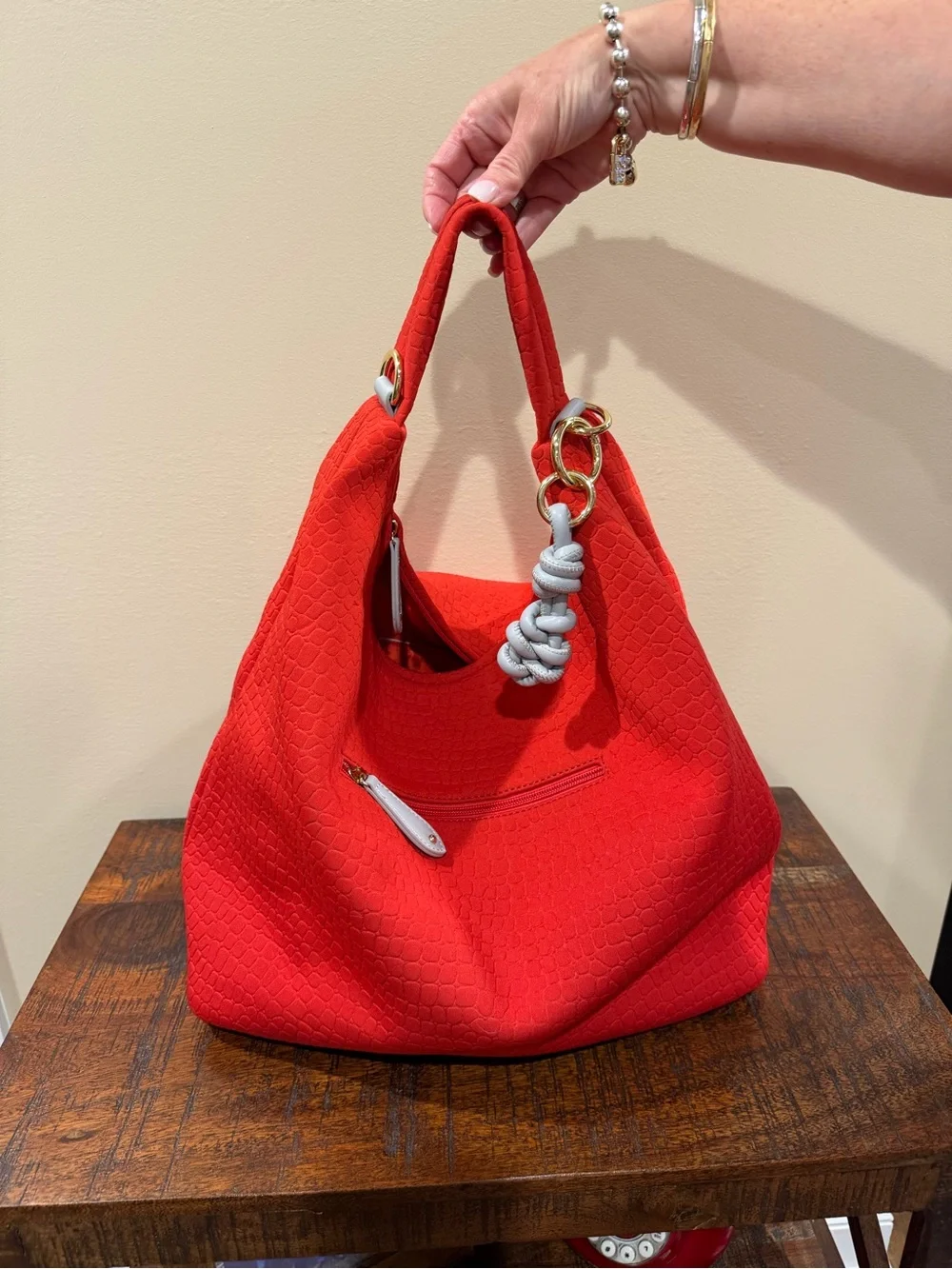 Sondra Roberts Red Textured Hobo Bag with Gray Knot Accent