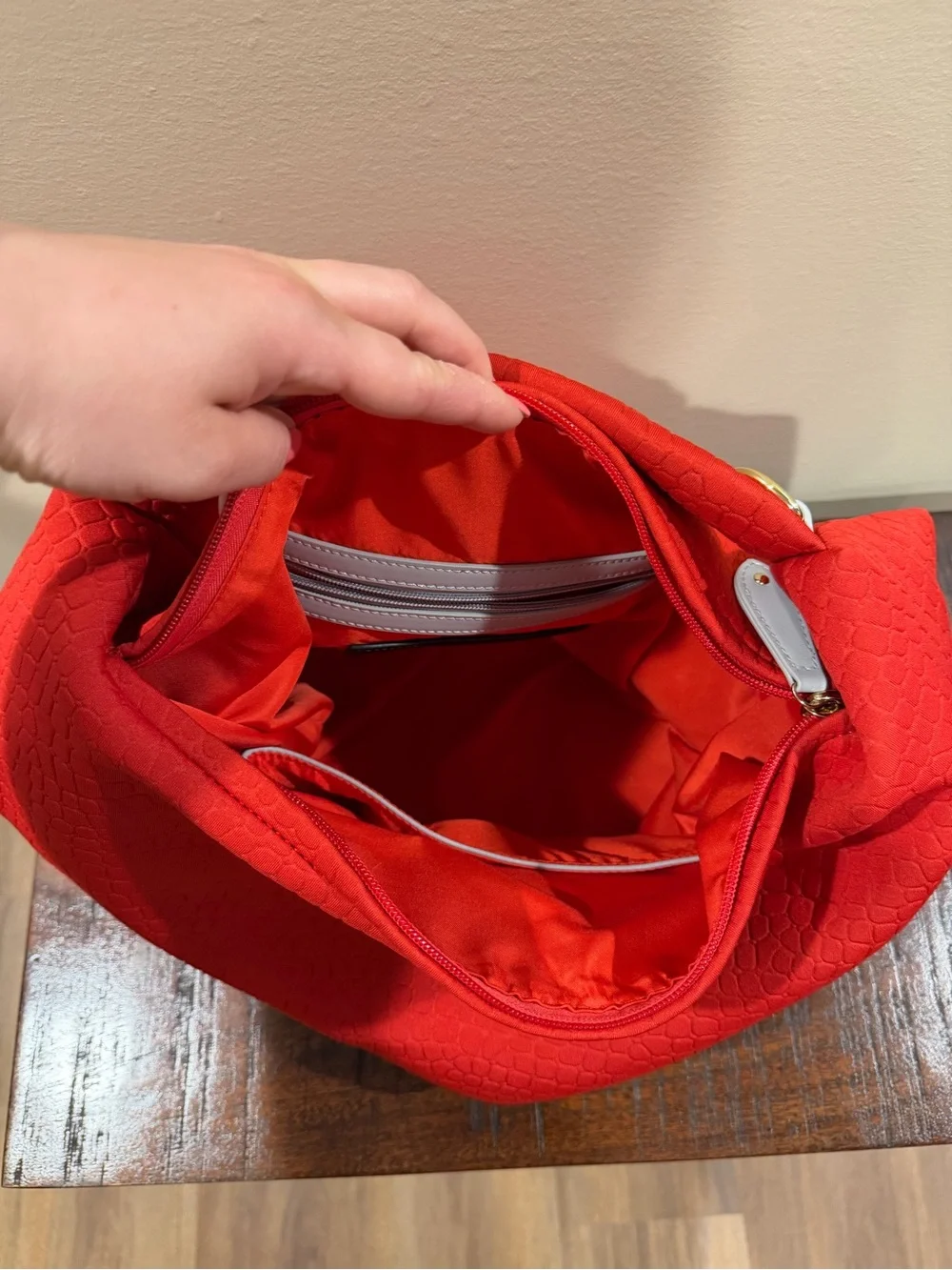 Sondra Roberts Red Textured Hobo Bag with Gray Knot Accent
