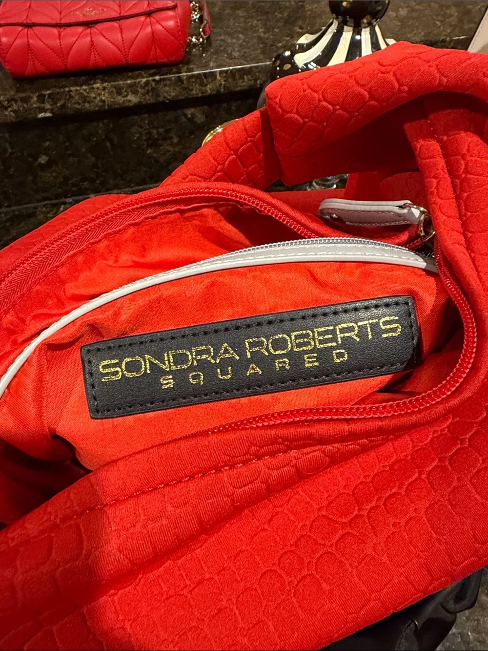 Sondra Roberts Red Textured Hobo Bag with Gray Knot Accent
