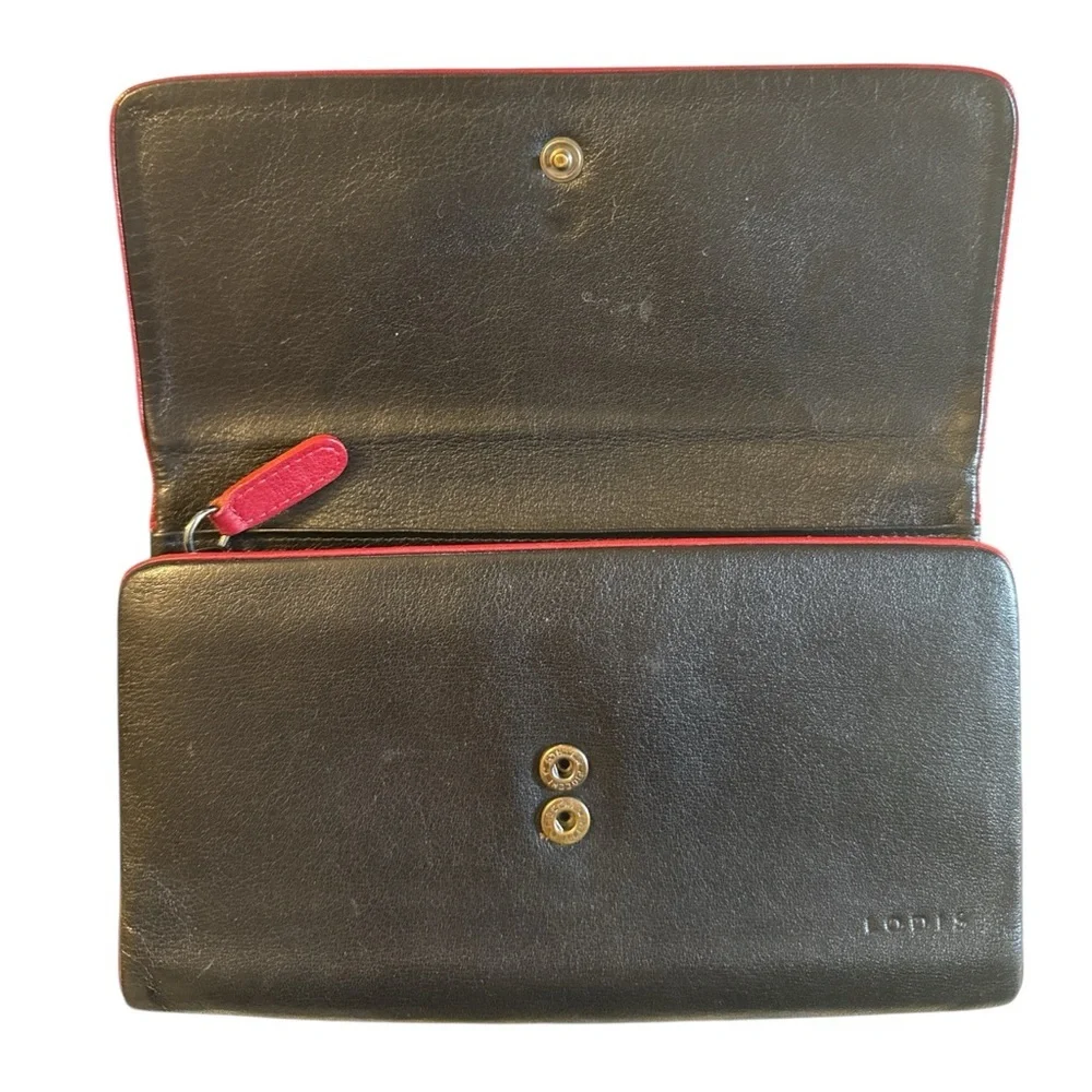 Vintage Lodis Los Angeles Smooth Black Leather Wallet Clutch Red Trim Zip Coin