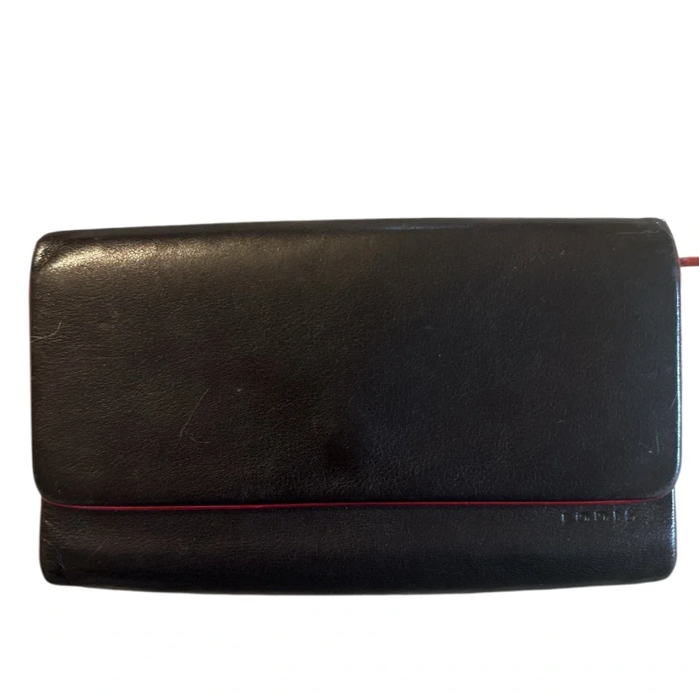 Vintage Lodis Los Angeles Smooth Black Leather Wallet Clutch Red Trim Zip Coin