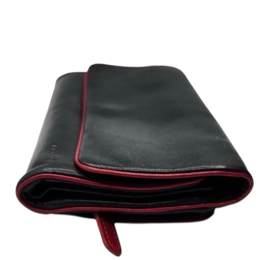 Vintage Lodis Los Angeles Smooth Black Leather Wallet Clutch Red Trim Zip Coin