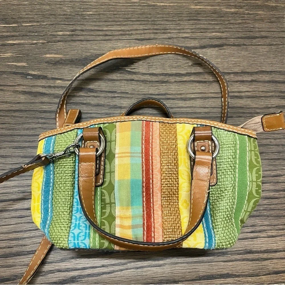 Fossil Patchwork Striped Canvas Leather Satchel Crossbody Bag Multicolor Green