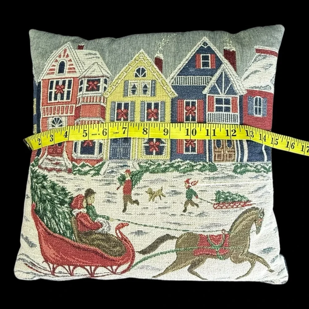 Vtg. Christmas Tapestry throw Pillow Horse Sleigh Winter Scene Holiday Decor 15