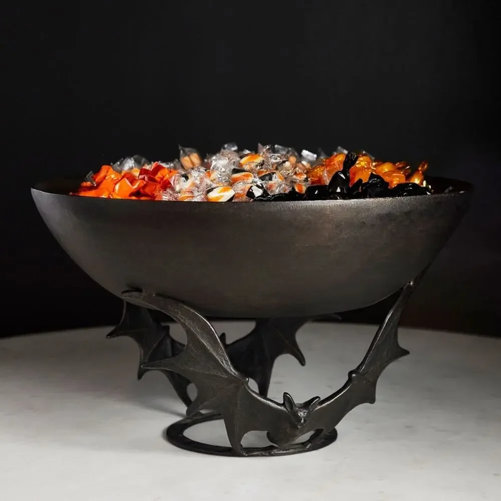 Pottery Barn Trick or Treat Metal Bat Candy Bowl Halloween Bat Hand Cast NEW