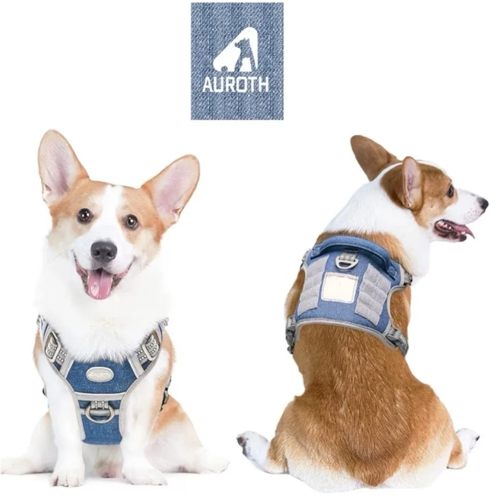 Auroth Tactical Dog Harness for Small Dogs‎ No Pull Adjustable Denim Blue