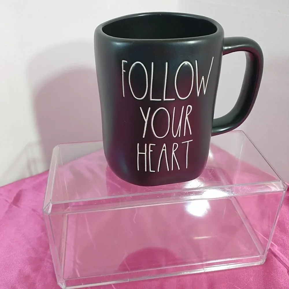 Rae Dunn Follow Your Heart Mug Matte Black Long White Writing. Condition is New