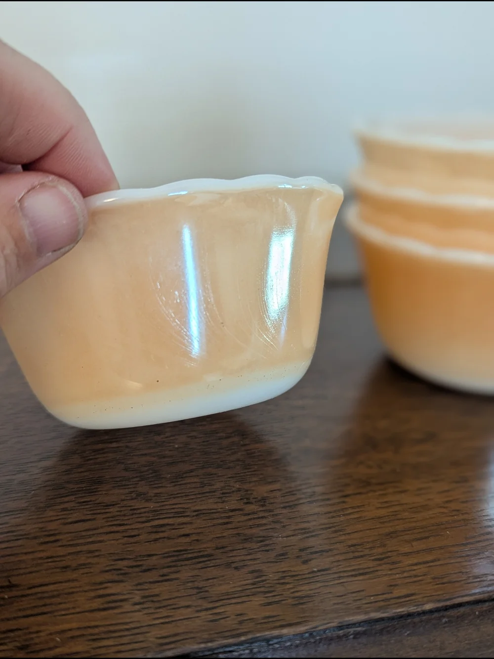 Set of 4 Fire King Peach Lustre Custard Cups • Scalloped Berry Bowls MCM