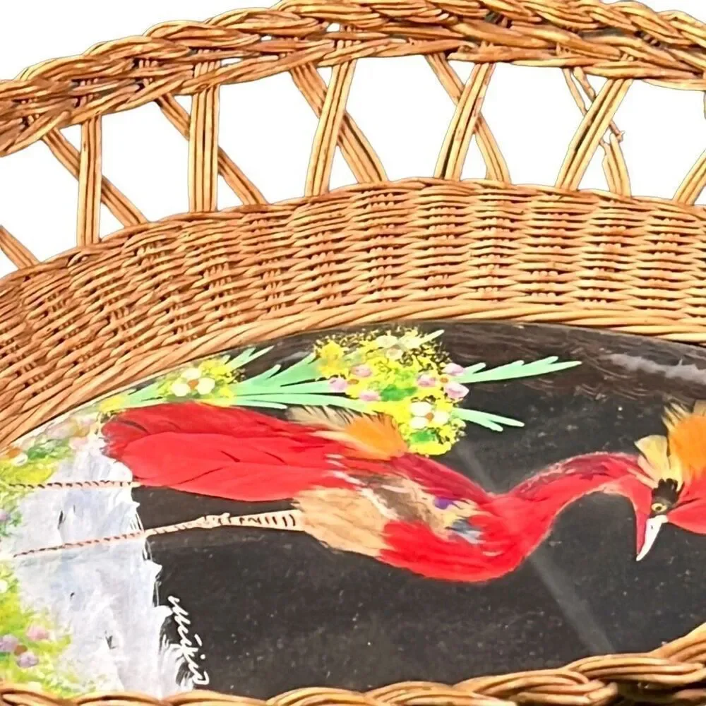 Vintage Mexico Bird Feather Folk Art Painted Wicker Basket Wall Decor 12