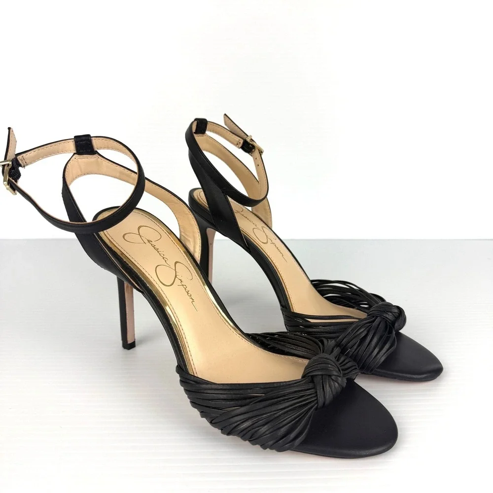 Jessica Simpson Womens Black Strappy Knotted Stiletto Heel Sandals Ankle Strap