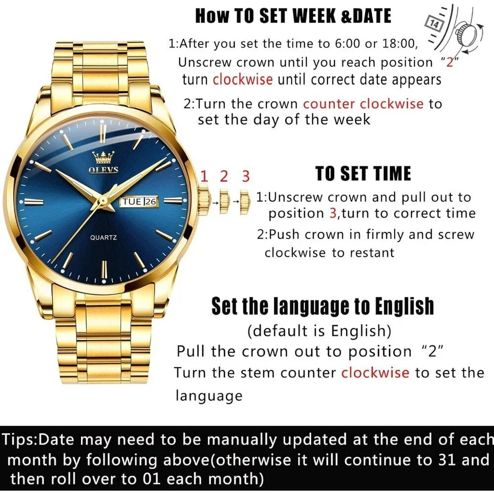 Olevs Men's Gold Steel Blue-Dial Waterproof Stainless Luminous Stylish Watch