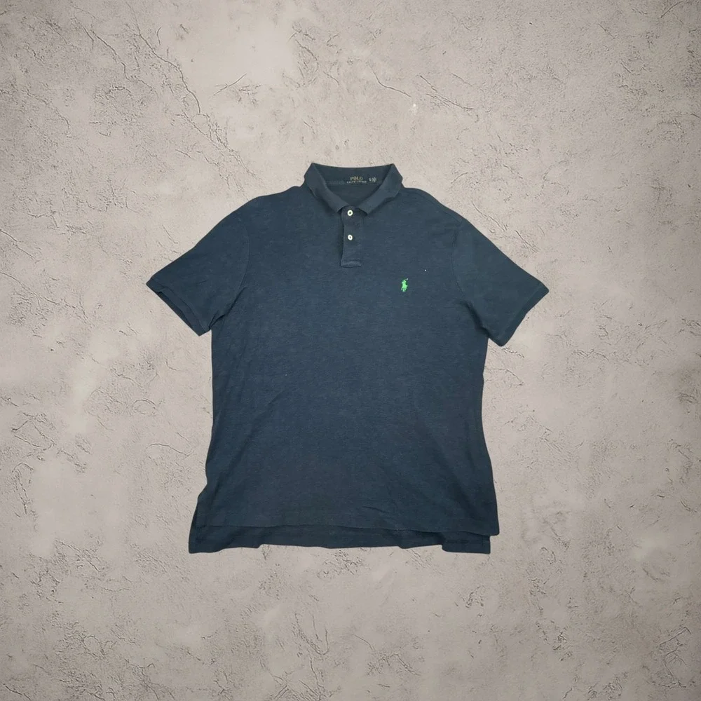 Polo Ralph Lauren Mens XL Navy Blue Short Sleeve Polo Shirt Green Pony Logo Y2K