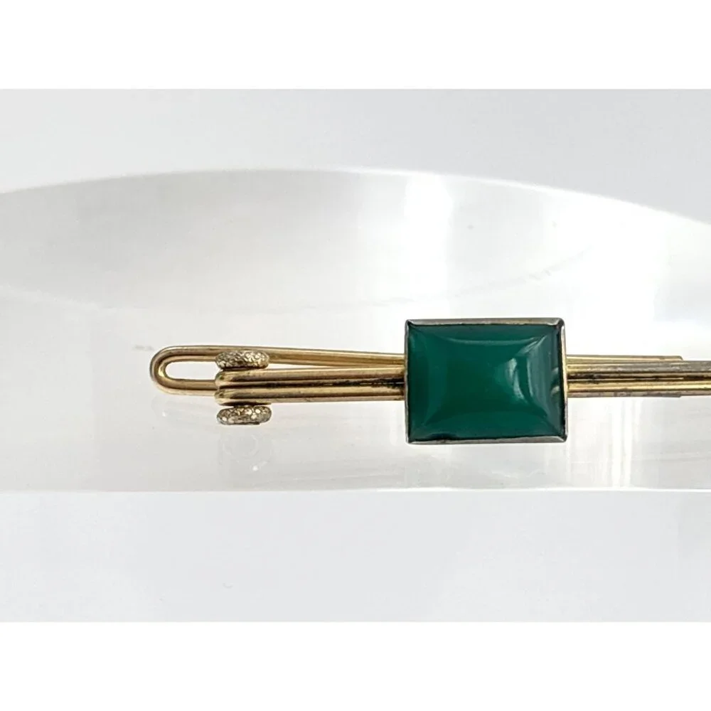 Swank Signed Faux Green Stone Gold Toned Vintage Men's Tie Bar | Tie Clip